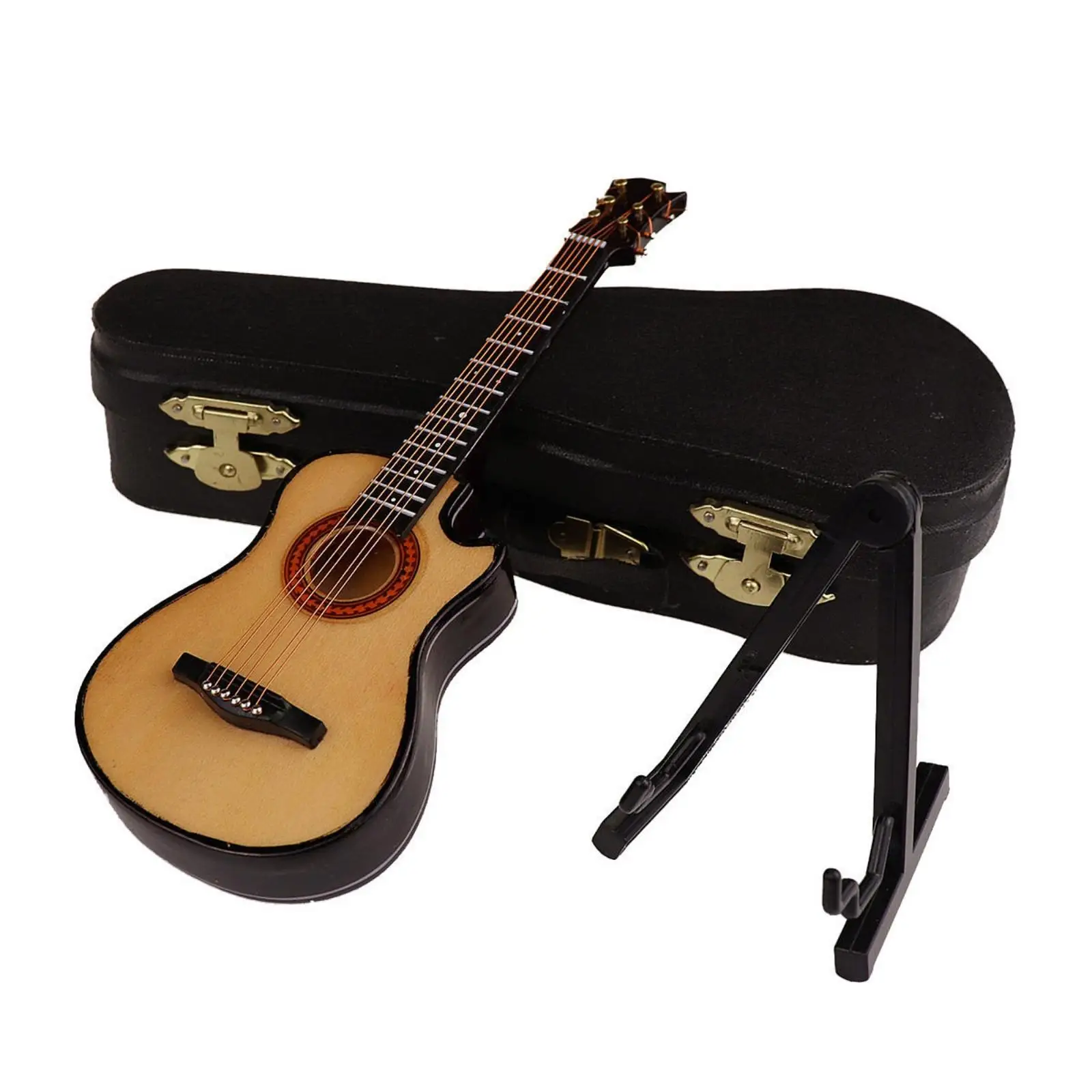 Basswood Mini Guitar Statue 17cm with Copper Wire Strings and Resin Stand for Desk Table Art