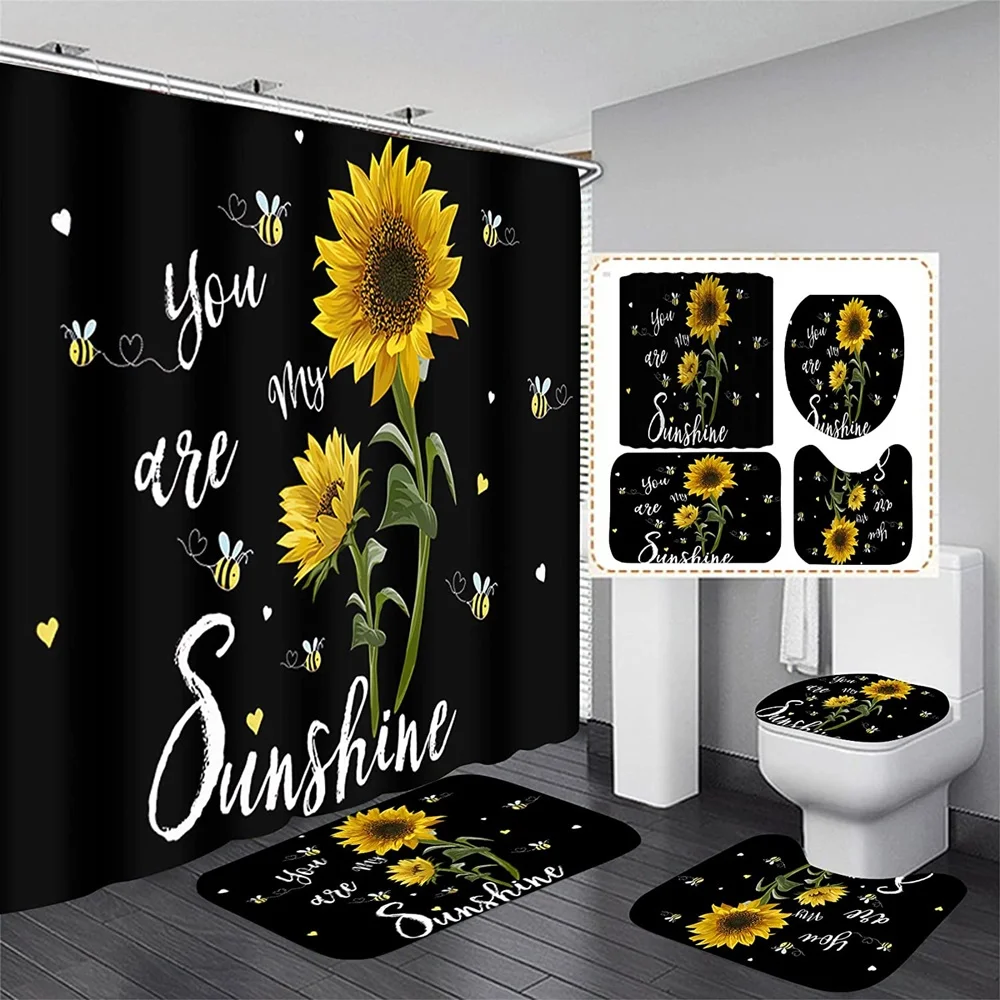 Magic Sunflower Butterfly Shower Curtain Sets, Black, Yellow Art, Country Flower, Bathroom Decor, Bath Mats, Rug Toilet Cover