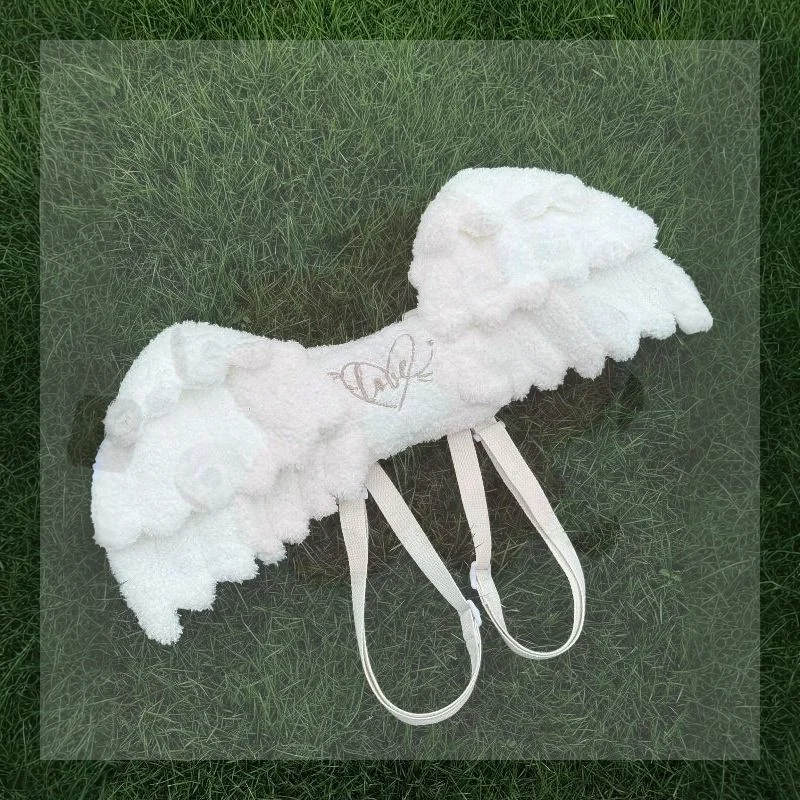 Large Capacity Plush White Angel Wings Backpack Adjustable Straps for Cosplay Halloween Daily Commute