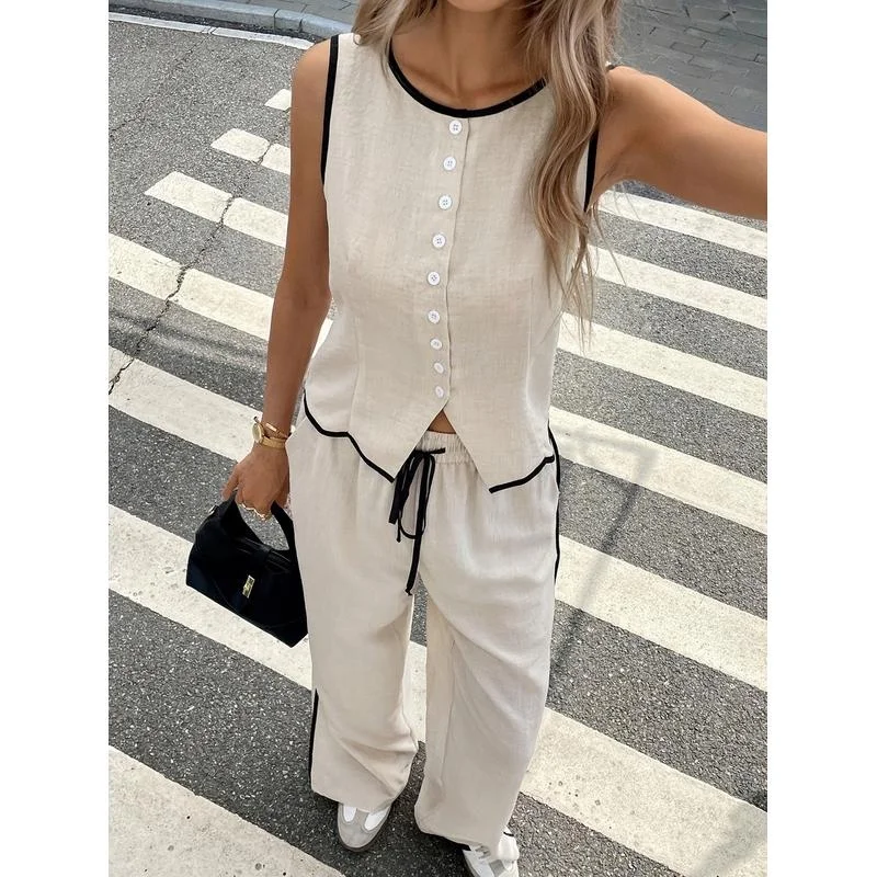 Sommer Damen Farbe Blo Svel Single Button Weste und Kordelzug Hosen Set Faionable Damen Ensemble Lange Hosen