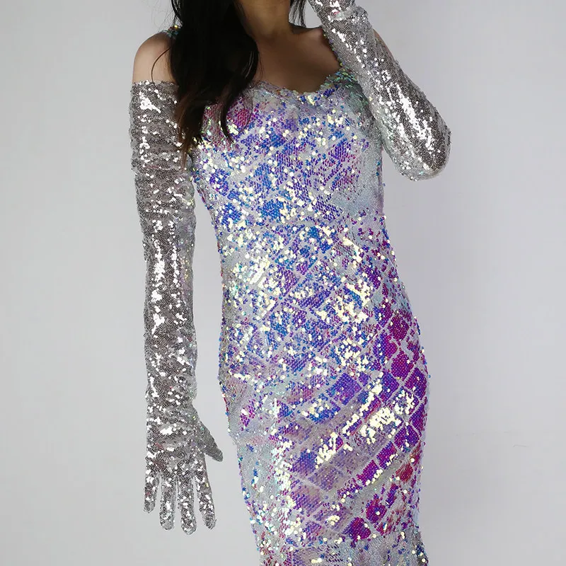 70 cm lange Pailletten-Handschuhe für Damen, Tüll-Spitzen-Mesh, halbtransparent, weiß, technisches Silber, grün, elegante Armstulpen, sexy, leicht – Detail 16