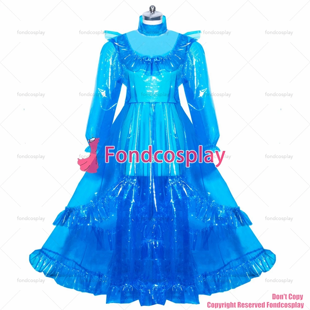 fondcosplay adult sexy cross dressing sissy maid long French lockable blue clear PVC dress unisex CD/TV[G3917]