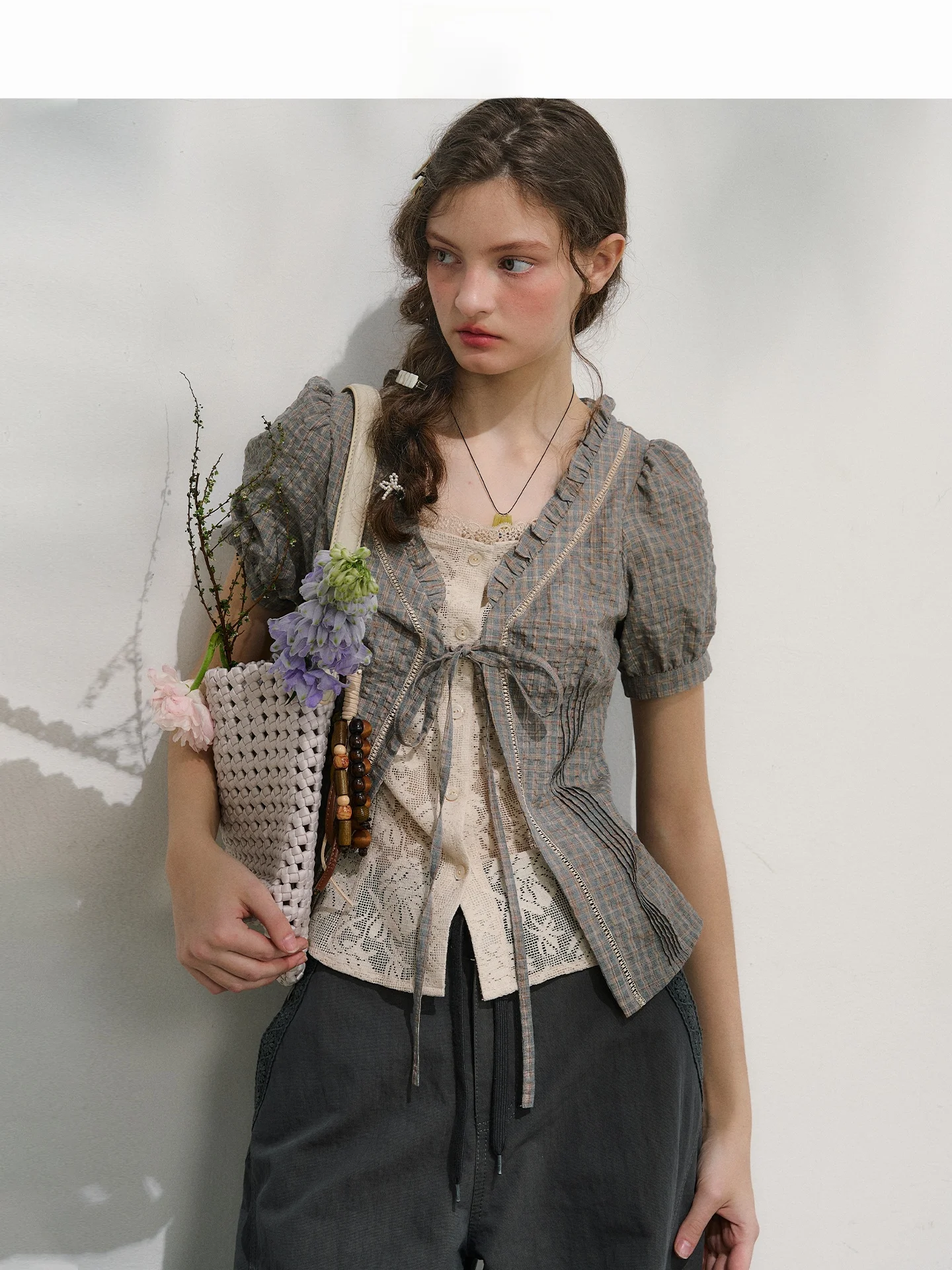 

LOLOL Vintage Sle Plaid Window ort Sve irt Women's Fake Two-Piece Lace Trim Design Slim Fit Cotton Bubble Sve