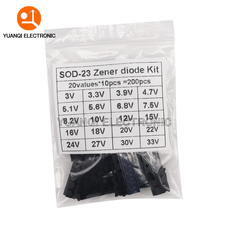 200pcs SMD SOT-23 Zener Diode Assorted Kit SOT23 3V - 33V 20 Values Each 10pcs DIY Samples Set