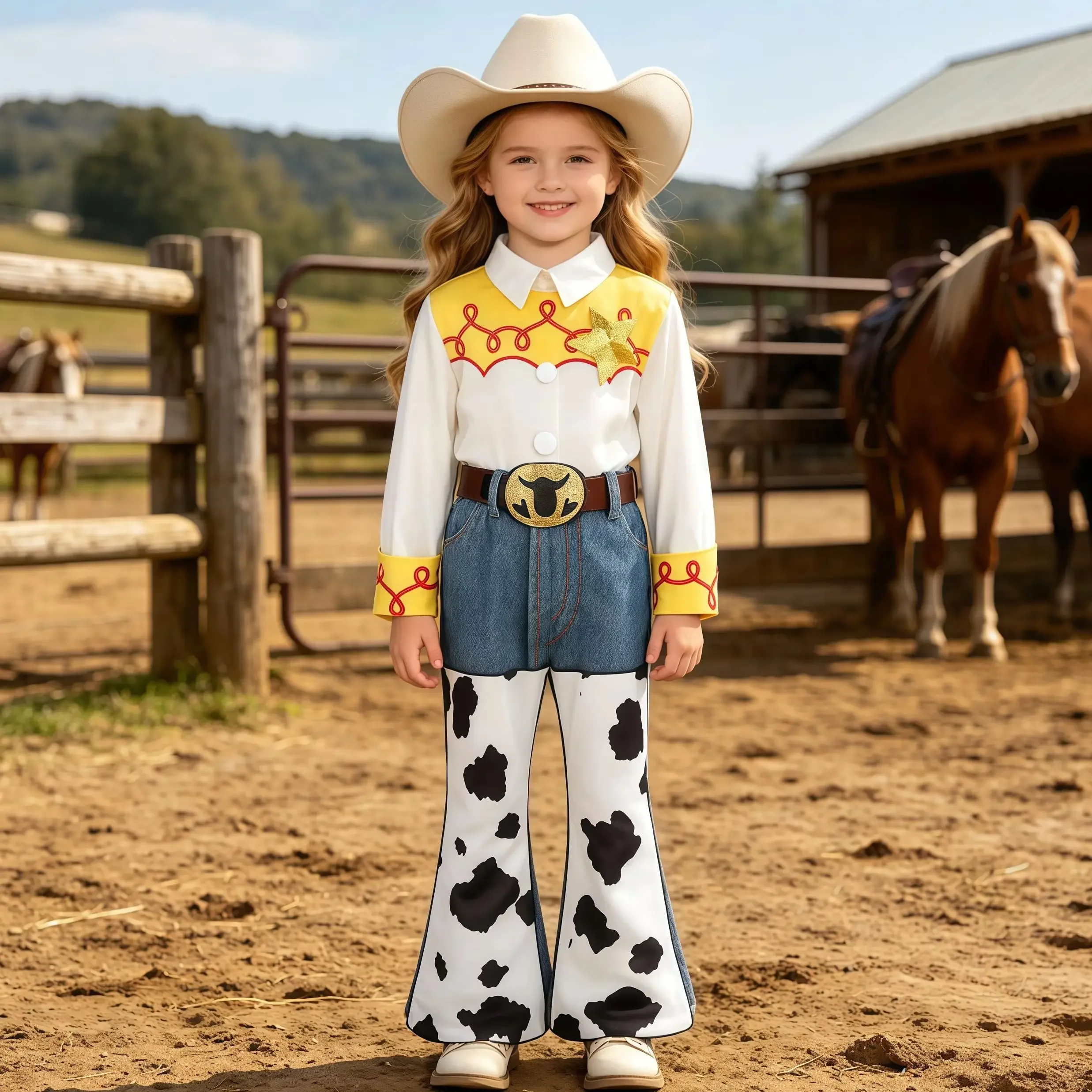 2026 Girls Cosplay Toy Jessie Costume Western Cowgirl Tops With Flared Pants For Halloween Party Kids Cowboy Fantasia Outfits