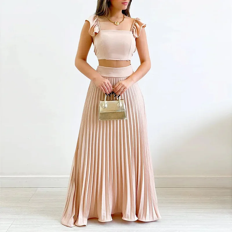 2023 Summer Casual Two Piece Set for Women Sexy Sleeveless Solid Color Top with Long Skirt Set Elegant Sweet Dress Suit