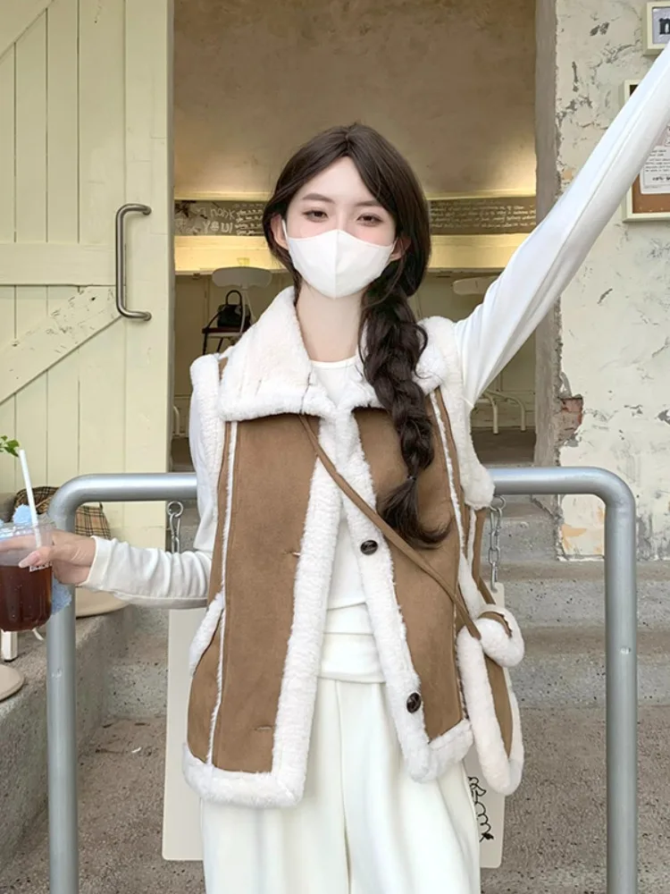 

Корейская версия, универсальный простой замшевый жилет из овечьей шерсти, куртка 2022, осень-зима, новый женский плюшевый жилет с бесплатной сумкой