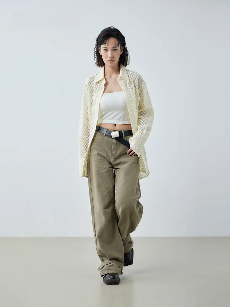 

XMOOM2025 Spring New Design Long Hollow out Diamond Pattern Women's irt 3D Stereo Hollow Cotton Blend Busin Casual irt