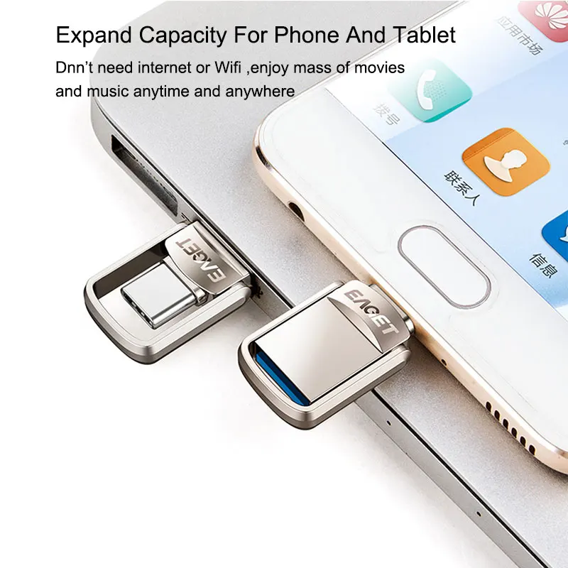 EAGET CU20 USB Flash Drive 32GB OTG Metal USB 3.0 Pen Drive Key 64GB Type C High Speed pendrive Mini Flash Drive Memory Stick