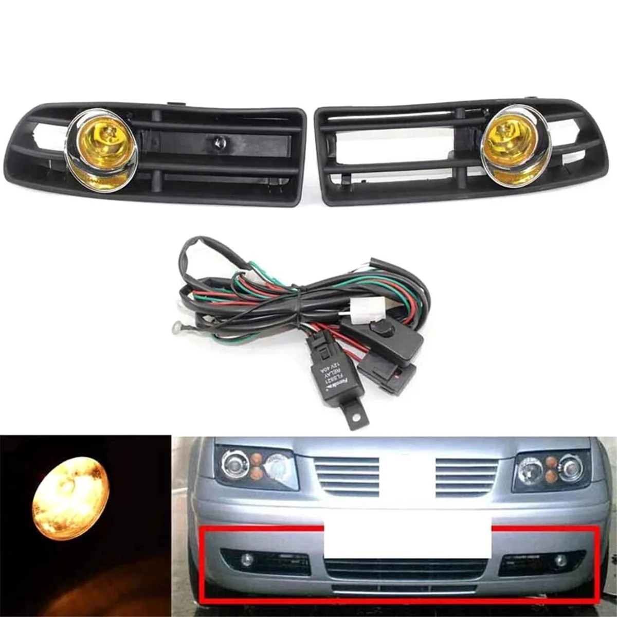 

Yellow Light Front Fog Lights Assembly Fog Lamp Grille with Switch Harness for VW Bora Jetta MK4 1998-2004JAS