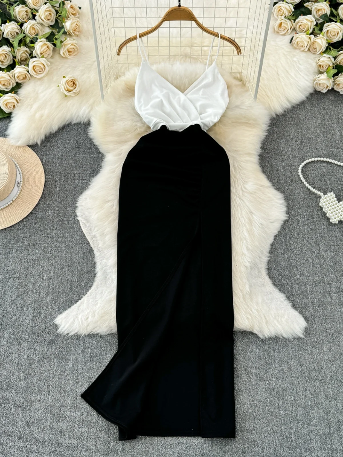 Einzigartige Strapl Farbe Blo Hohe Taille Lange Dr Koreanische Sle V Ne Schlitz Sexy Sommer Neue Ankunft Bodycon Dr Rock