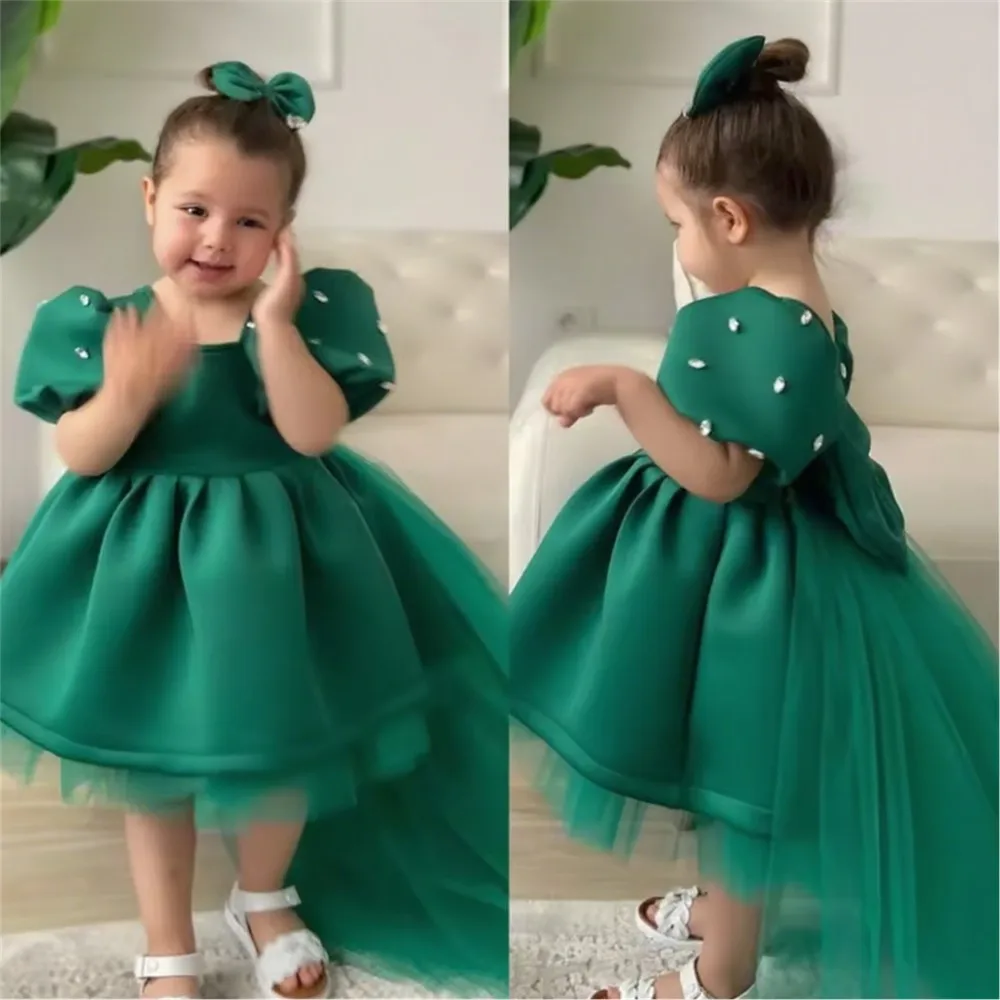 

Cute Green Flower Girl Wedding Dress Beaded with Bow Princess Birthday Party Pageant First Communion Ball Gown Customized