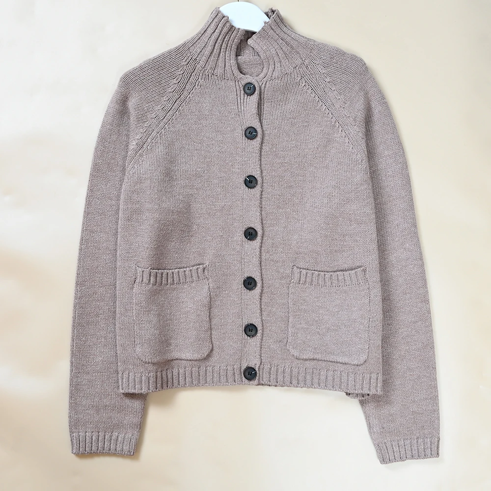 Nordic Sle Spring New Women's Stand Collar Button Casual oulder Insert Long Sve Knitted Open Cardigan Sweater