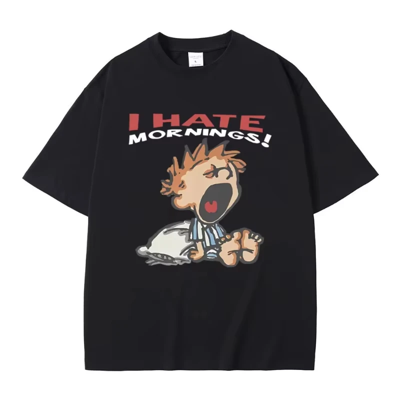 I Hate Mornings T-shirt Men Women Fashion Funny Retro Cartoon T-shirts Men's Casual Short Sleeve T Shirts Streetwear