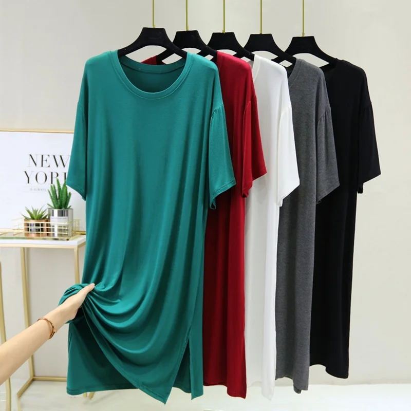 Loose Modal Dress Women's Mid-Length Open Split Thin Outerwear Nightgown plus Size Meat-Covering Long A-Line Skirt Summer Dress