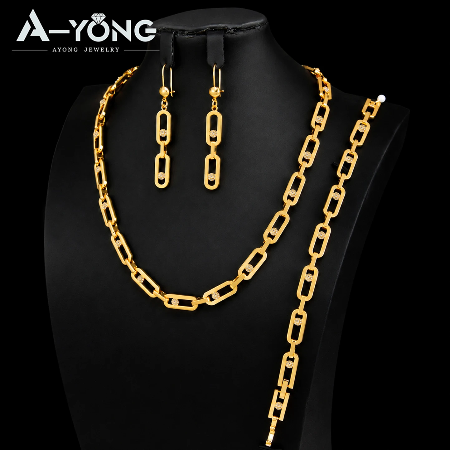 Dubai Mode Zirkonia Schmuckset 21k Vergoldet Italienische Geometrische Halskette Armband Ohrringe Arabischer Damen Event Party Schmuck – Detail 1
