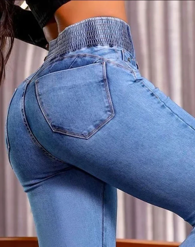 Streetwear frauen Neue Jeans Zurück Geraffte Taste Vorne Hohe Taille Jeans Temperament Pendeln Lässige Bequeme Jeans