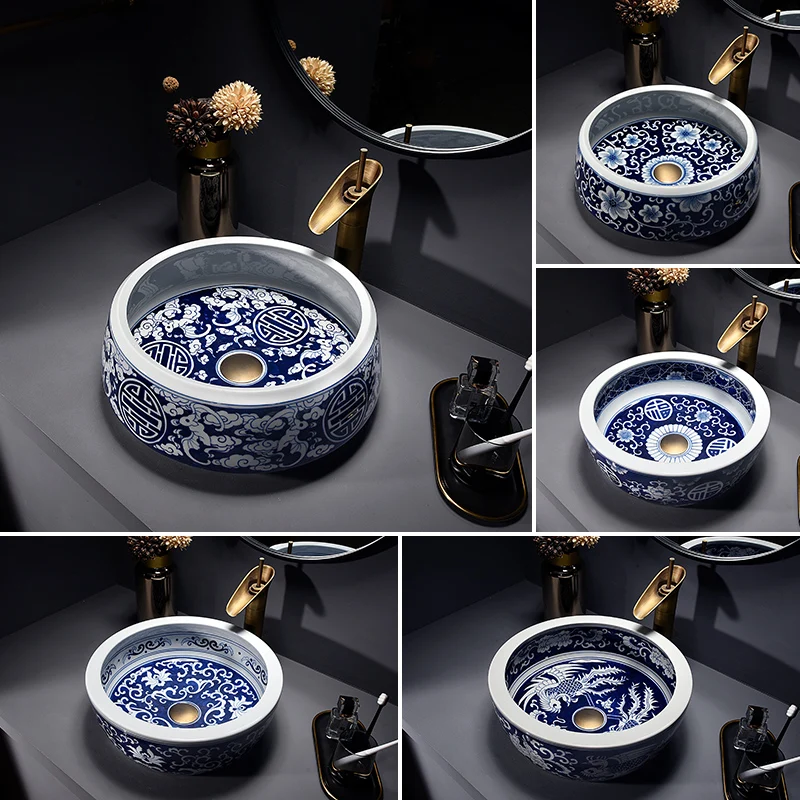 Blue and white porcelain tabletop basin imitating retro art washbasin, new Chinese style ceramic washbasin, single basin