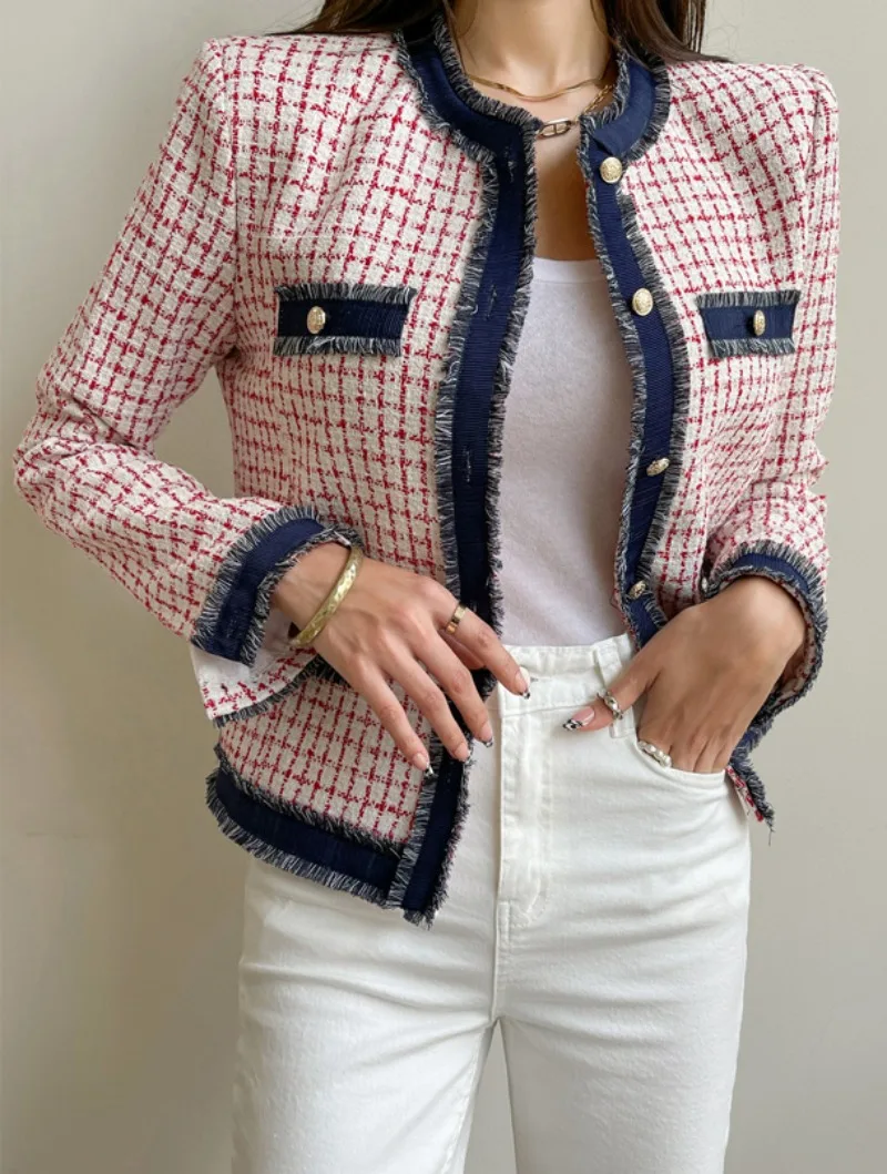 Hmsevenjz 트위드 격자 무늬 모직 코트 여성용 가을/겨울 오 넥 긴팔 싱글 브레스트 프린지 자켓 여성 의류