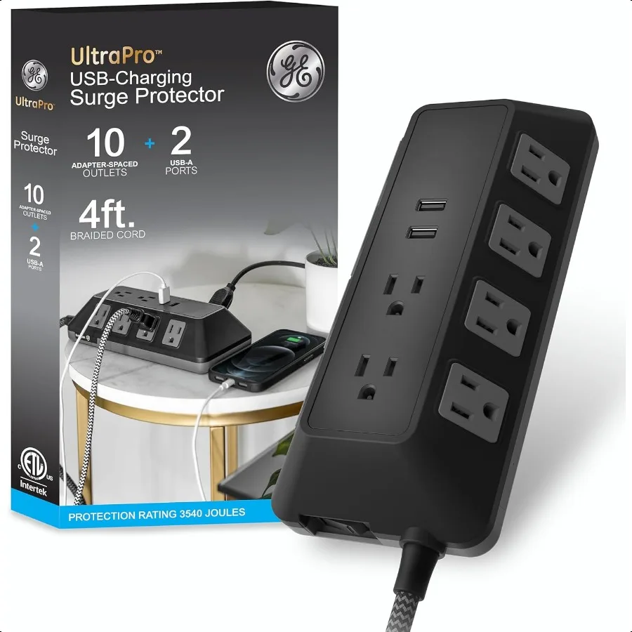 

GE UltraPro Adapt 10Outlet Surge Protector with USB Ports 2 USBA Ports 2.4A 12W 4ft Braided Cord Power Strip Surge Protector 35
