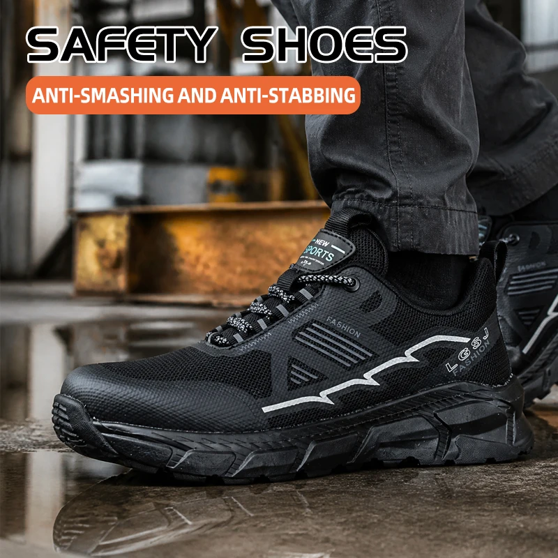Puncture-Proof Safety Shoes Lace-Up Work Footwear for Industrial & Construction Site Use