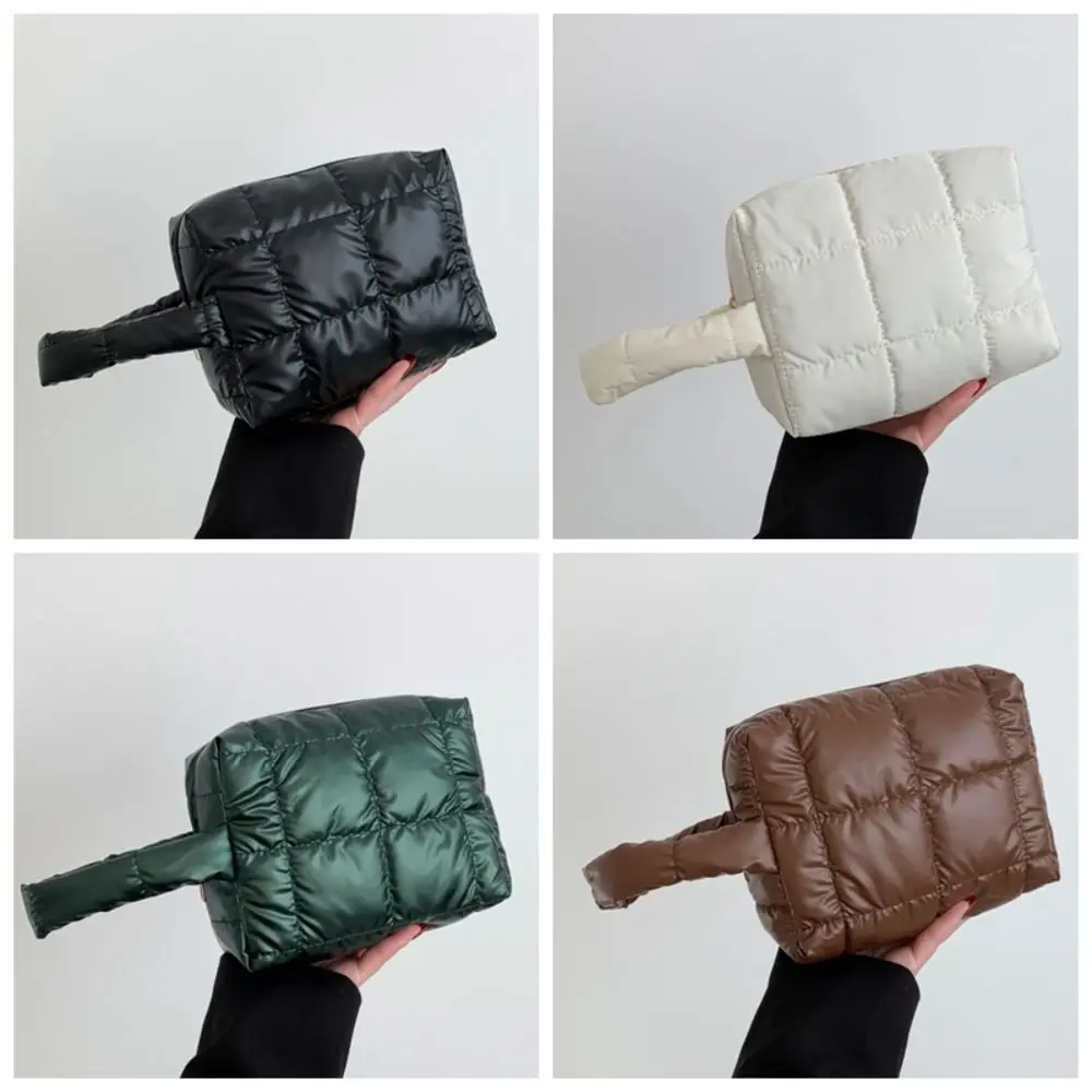 Soft Solid Color Puffer Handbag Quilted PU Leather Padded Makeup Bag Square Korean Style Plaid Clutch Bag Work