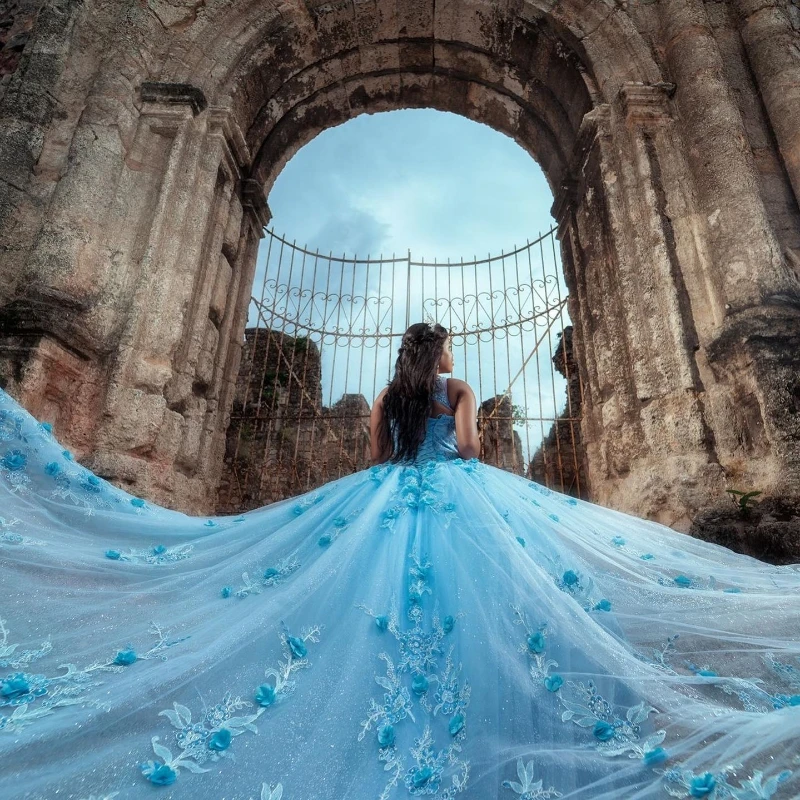 Vestidos De quinceañera azul cielo, apliques De flores en 3D, cuentas, lentejuelas De tul, Vestidos De baile De princesa, Vestidos De graduación De 15 Años, 2024