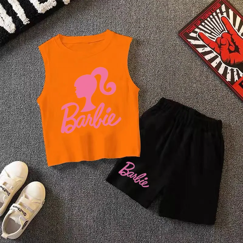 2Pcs New Barbie Girls Short-Sleeved+Shorts Set Kawaii Kids Cartoon T-Shirts Summer Fashion Y2K Tops High Quality Clothing Gifts