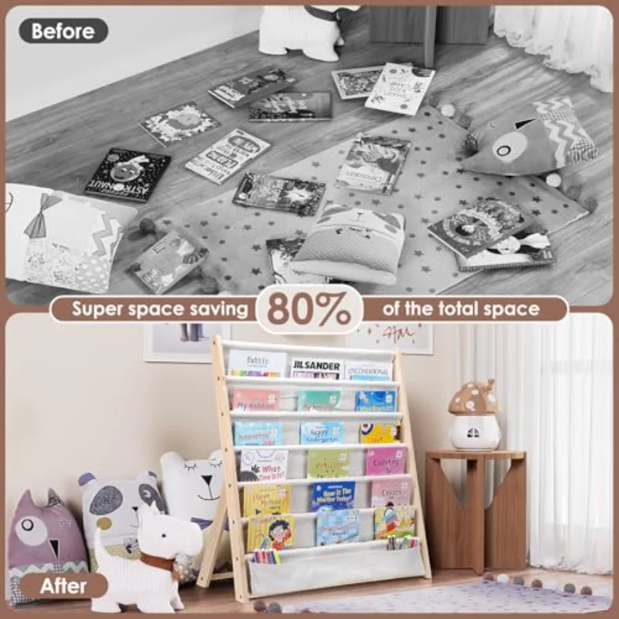 Wooden Bookshelf for 6 Tier Bookcase Storage Display Rack with Fabric Storage Pockets Easy Access Magazine Rack for 's Bedroom