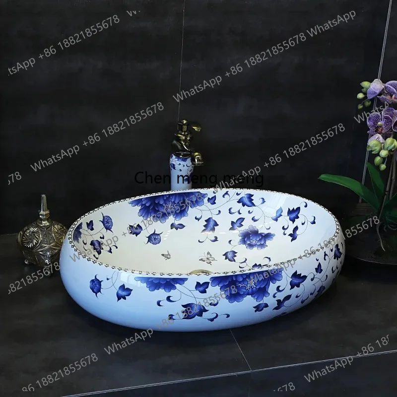 

Blue and white Oval Europe style chinese washbasin sink Jingdezhen Art Counter Top ceramic wash basin bathroom sink