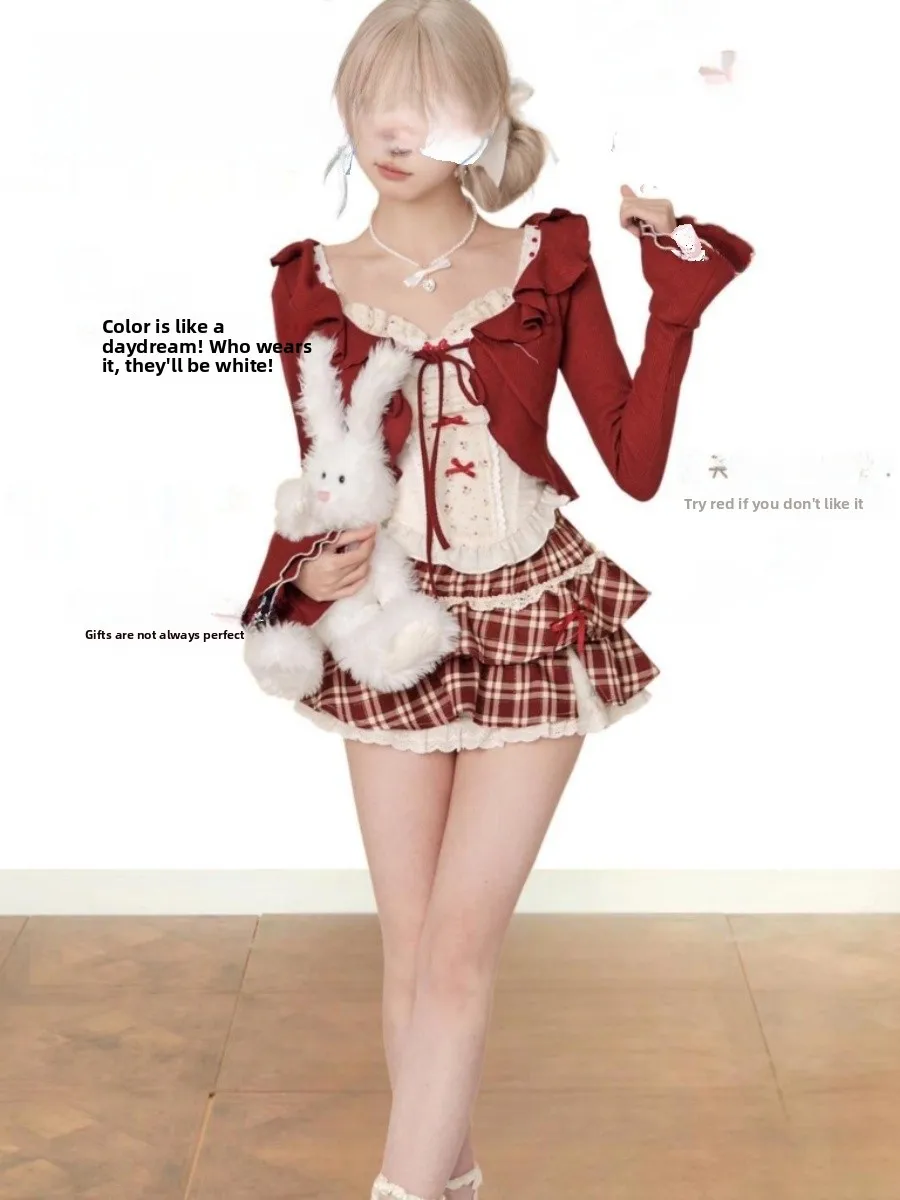 

Ретро-комплект для девушек: красный кардиган и юбка-пачка с высокой талией в студенческом стиле, модный летний образ