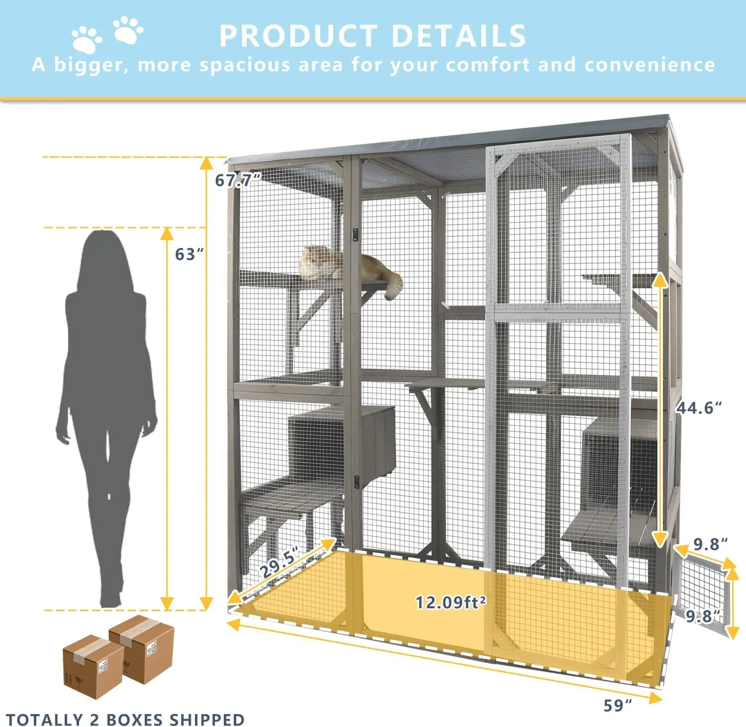 Large Walk-In Outdoor Cat Enclosure with Waterproof Roof & Multi-Level Platforms, Spacious Window Cat House Cage for Multiple Cats, 59"L x 29.5"W x 67.7"H view 5