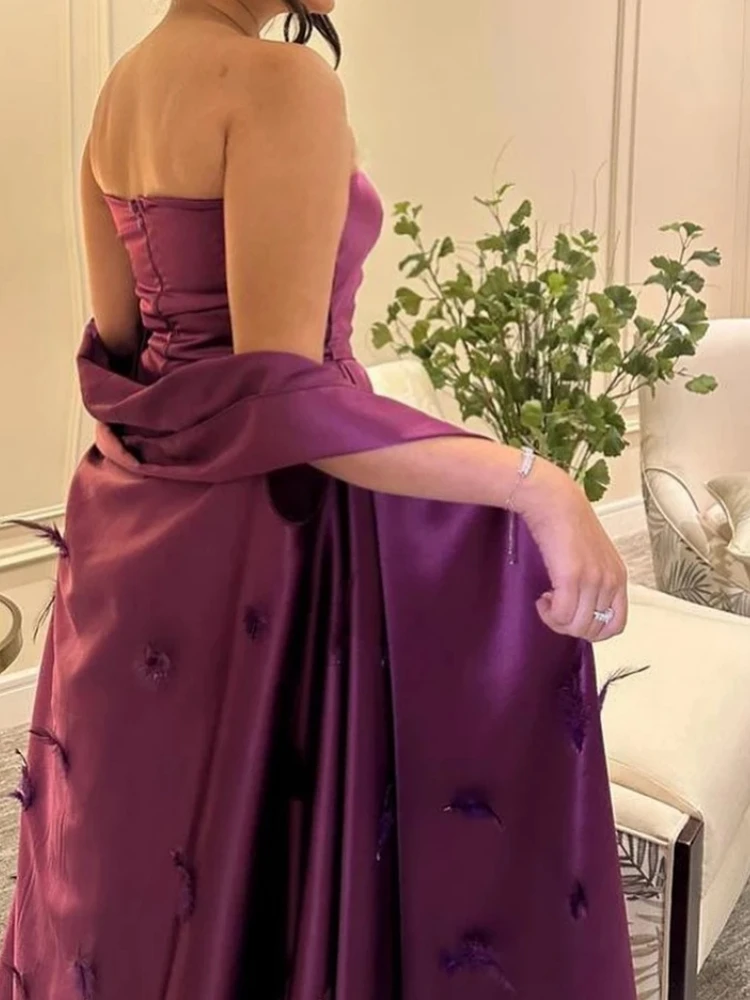 Elegant Arabic Women Evening Dresses With Shawl Strapless Ruched Satin Floor Length Prom Occasion Mother's Wedding Partty Gown