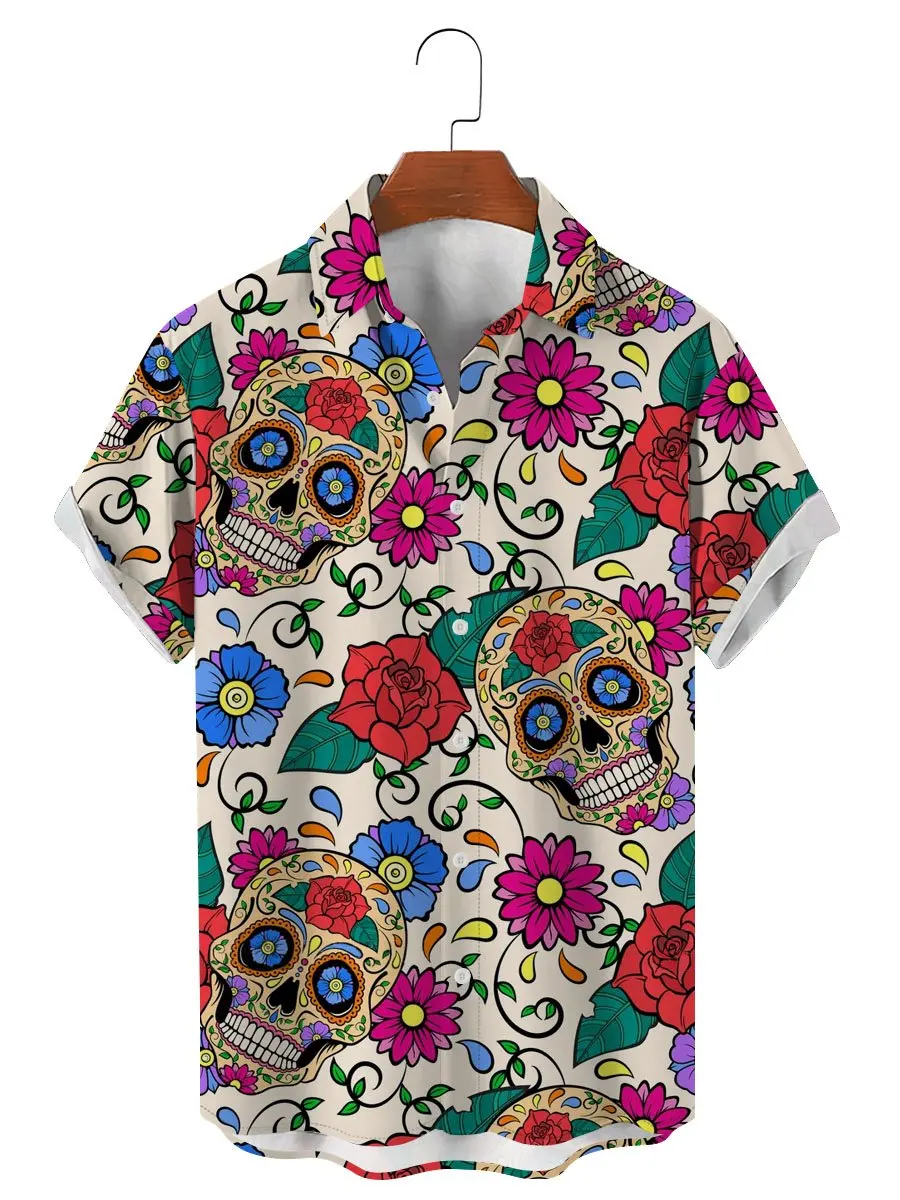 Unisex Fashion Skull Floral Men\'s Shirts Funny Skull 3D Print Streetwear Short Sleeve Hawaiian Shirt Print Lapel Shirts For Men