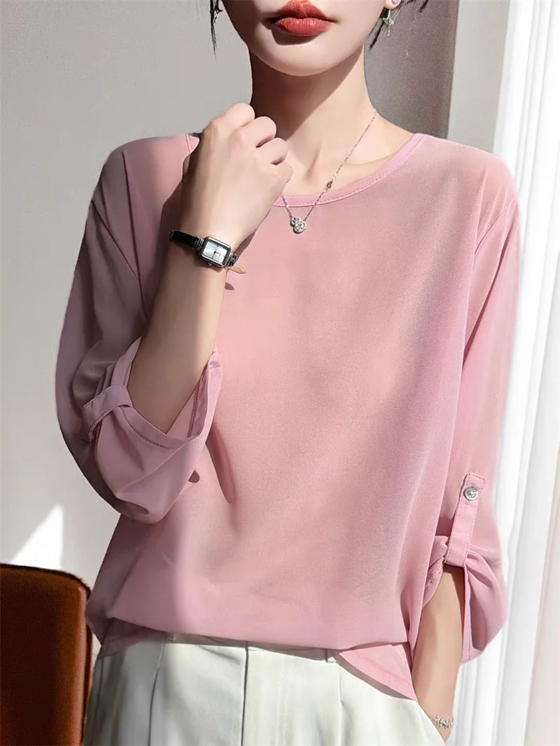 Blusa de chiffon plus size feminina, manga longa, soltinha, transparente, elegante, camisa de primavera, roupa feminina.