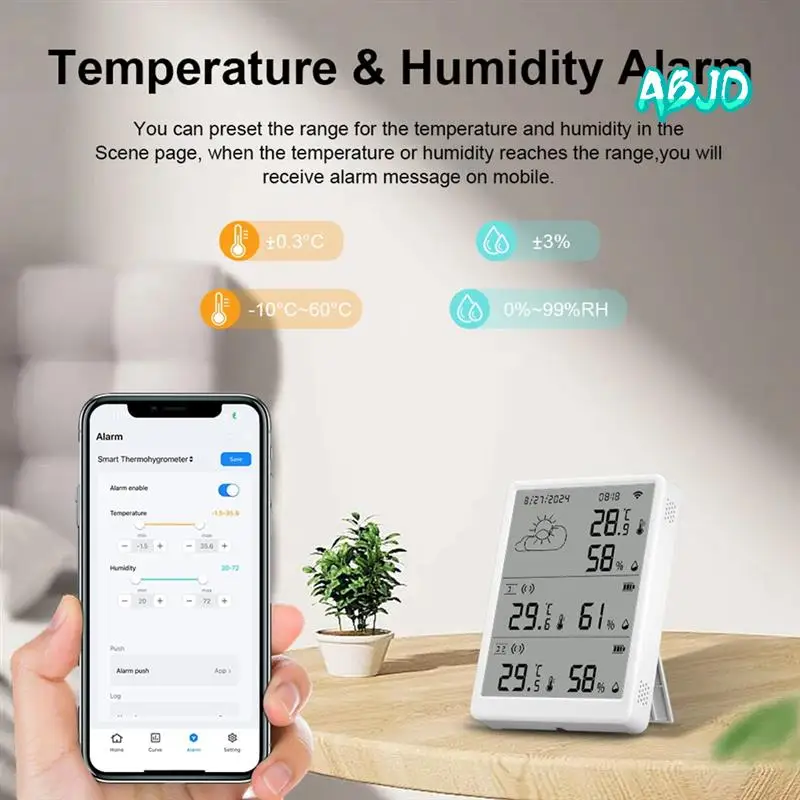 

ABJO-Wifi умный монитор температуры и влажности с датчиком, приложение, дистанционное управление, цифровой датчик температуры и влажности, голосовое управление