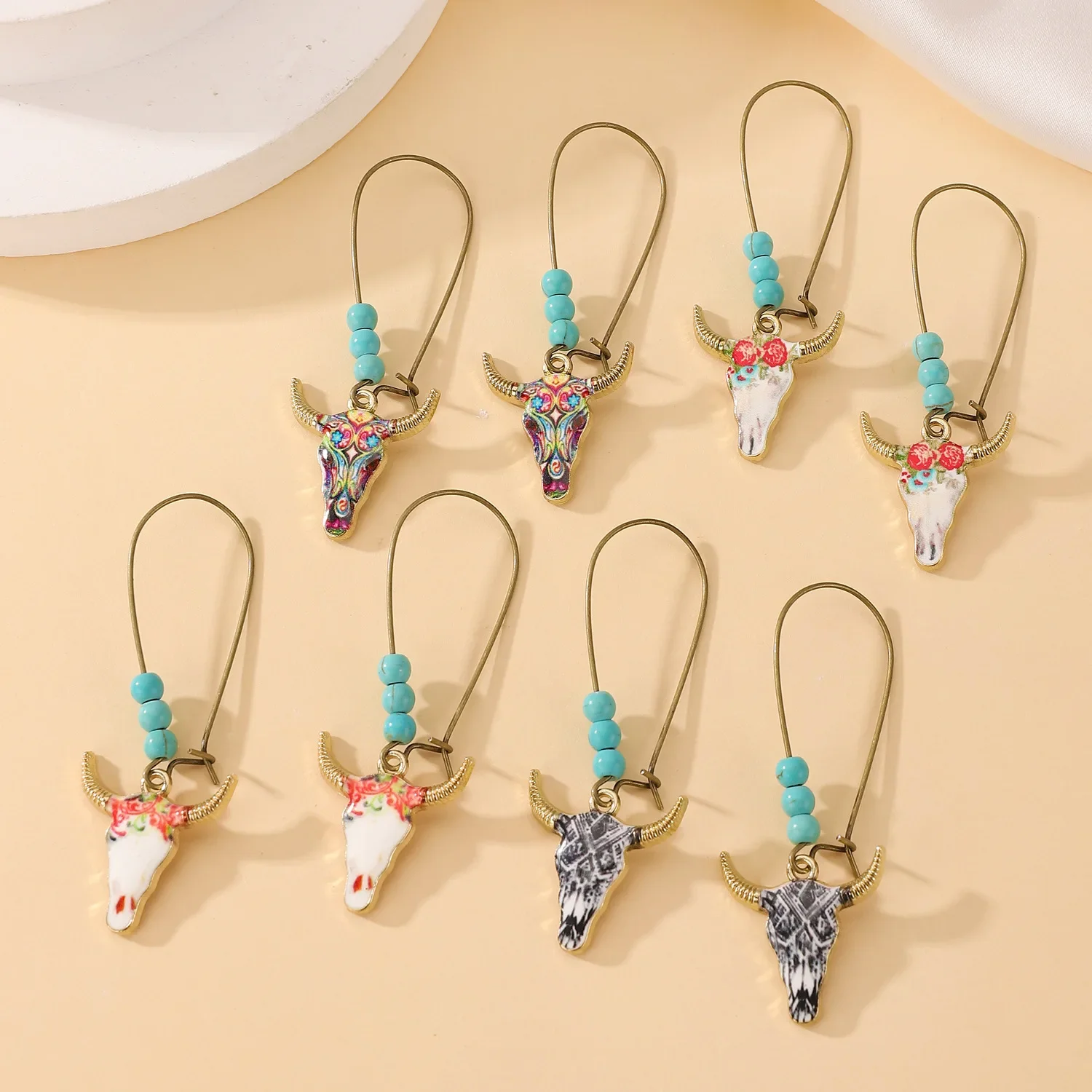 2024 Fashion Colorful Rose Bull Head Drop Earrings Turquoise Beaded Earrings for Women Prairie Party Vacation Prom Jewelry Gift