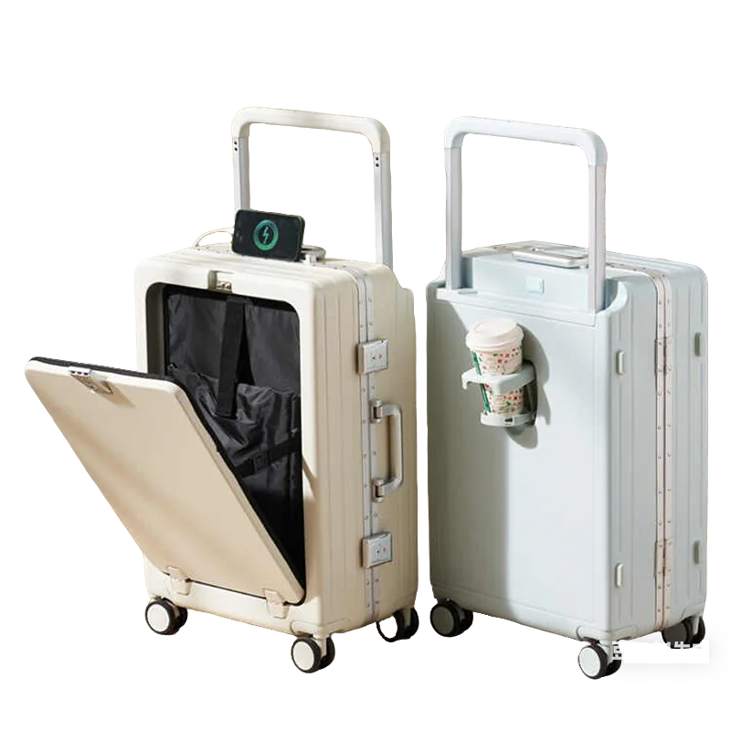 

Чемодан для путешествий 20/22/24 дюйма, ручная кладь из поликарбоната, с алюминиевой молнией, USB-портом, подставкой для стакана, фронтальным открытием, многофункциональный кейс