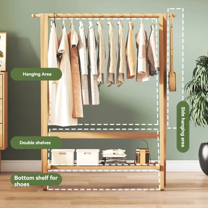 Nordic style double-layer folding coat rack, thick bamboo folding hanger, floor mounted hanger, coat shirt coat hanger