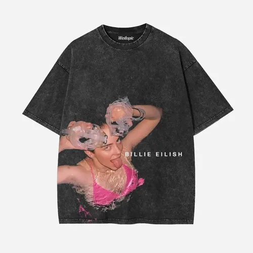 Imagen 2 del producto BILLIE EILISH-camisetas con estampado gráfico lavado Vintage para hombre y mujer, Tops de algodón de gran tamaño, camisetas de manga corta de gran tamaño