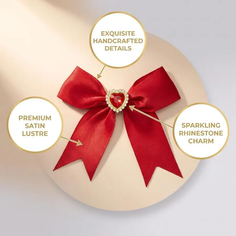 1/5/10/20/50/100pcs Tapered Heart Bows, Rhinestone Ribbon Bows, Christmas Decorations, Holiday Clothing Gift Ornaments, Hair Add