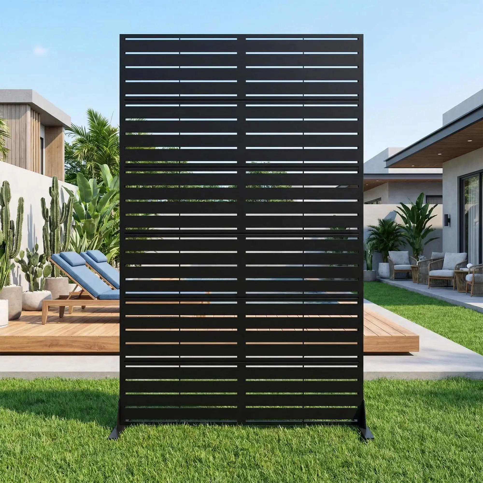 72x47 Metal Privacy Screen, Black Laser Outdoor Fence Panel | Sturdy Freestanding Galvanized Steel Divider for Patio