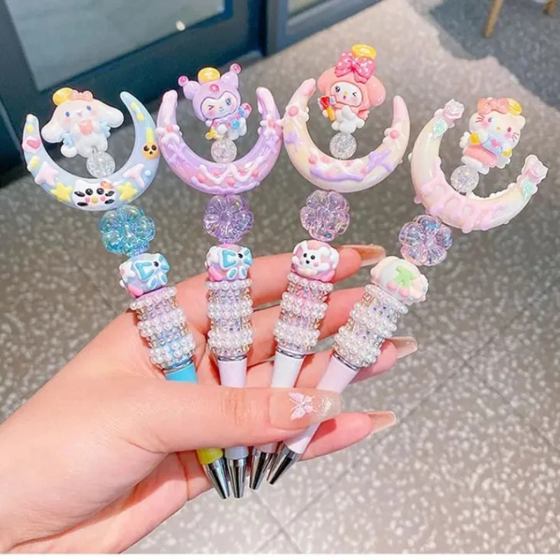 

Sanrio Hello Kitty Beaded Pen Cartoon Crystal Sparkling Rhinestone Rotating Neutral Writing Gel Pen Girl Kawaii Shool Stationery