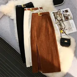 Vintage Winter Skirts Women Retro Split Midi Long Corduroy Casual Skirt Belt Jupe Longue Office Lady A-Line High Waist Hip Skirt