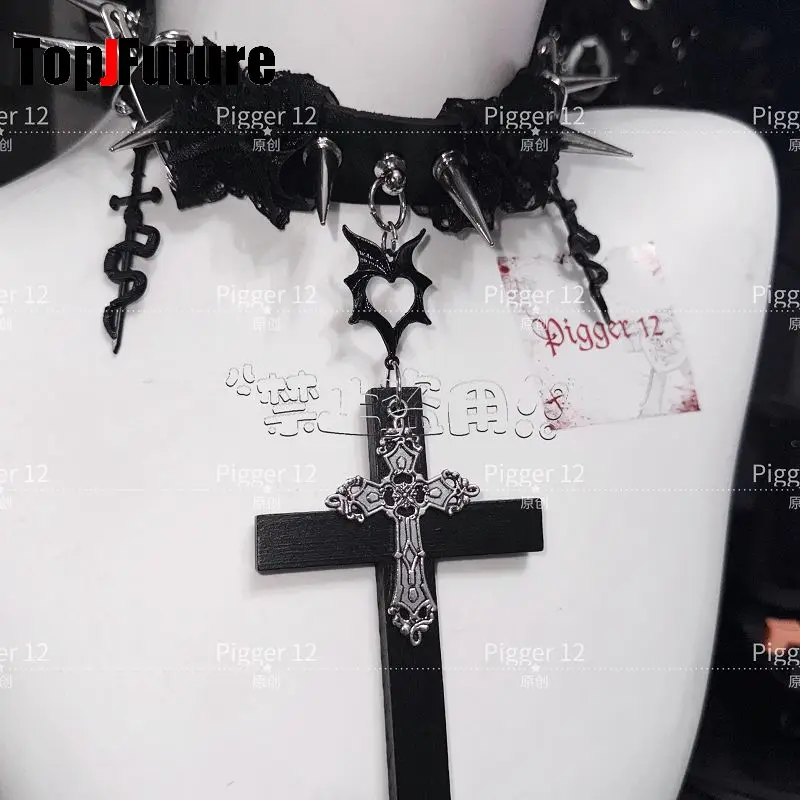 Women\'s Harajuku Steampunk Y2K The Spice Girls Punk “Angel Party”  Cross metal necklace Dark leather collar  Choker  Chokers