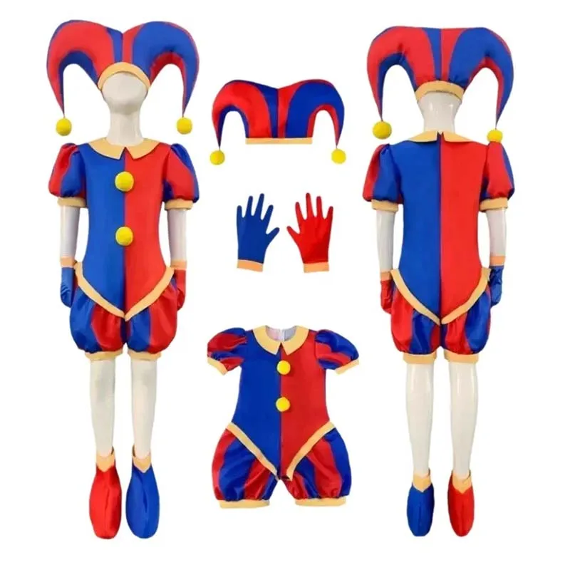 Mono de Cosplay de Pomni con sombrero, cubierta de zapatos, guantes, trajes mágicos de circo Virtual para Halloween, Carnaval, disfraces de Pomni de circo