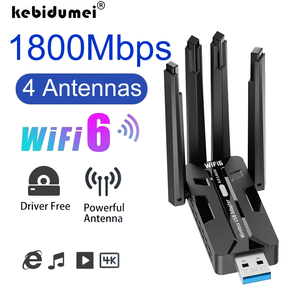 

1800Mbps WiFi6 USB Adapter Dual Band 2.4/5Ghz Wireless Network Card 4 Antennas Wireless LAN Receiver for Win10/11 Driver Free