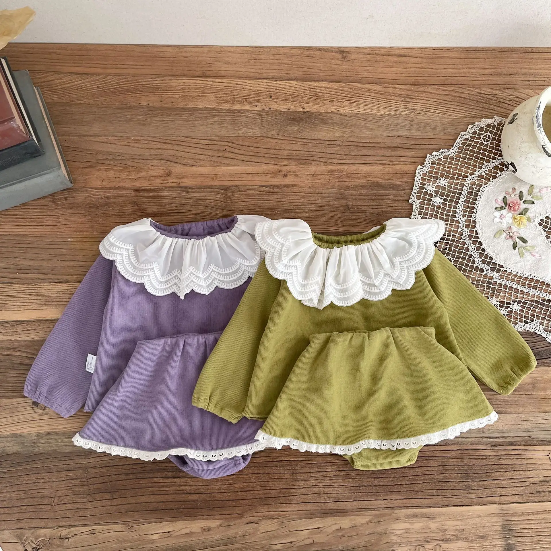 

2024 Autumn New Baby Girl Long Sleeve Clothes Set Infant Toddler Ruffle Collar Tops + Shorts Skirt 2pcs Suit Princess Outfits