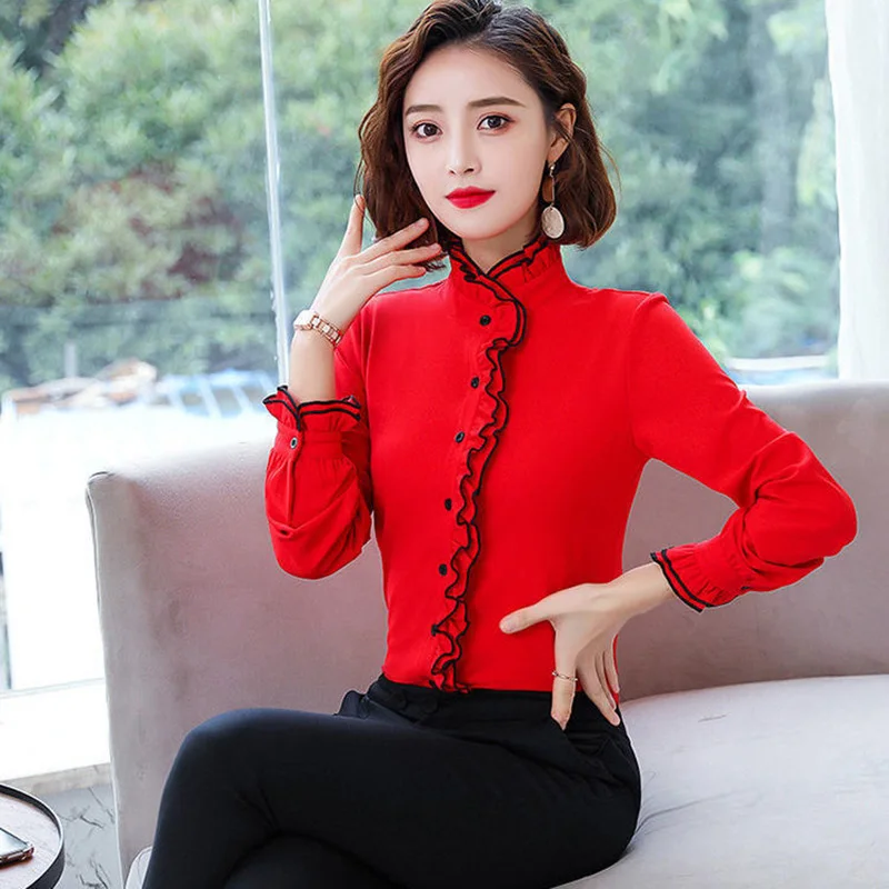 Ruffled Neck Loose Long Sleeve Women\'s Clothing Shirt Oversized Casual Commute Solid ColorTops 2022 Spring New Woman Blouses