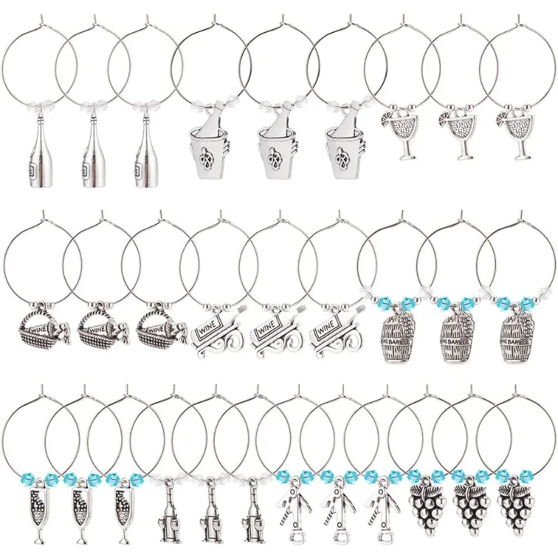 240Pcs Tibetan Style Alloy Wine Glass Charms Wine Bottle Theme Markers Tags with Hoop Earing Findings and Beads for Party